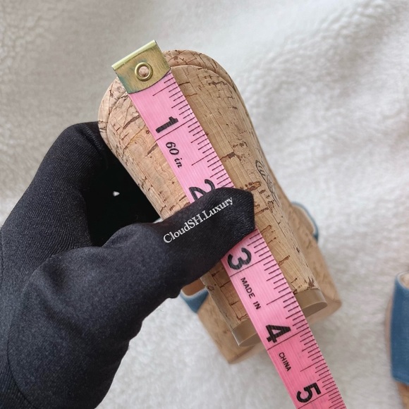 Auth Chanel Classic Red CC Logo Blue Denim Cork Wedge Sandals - Size 38.5 - Picture 9 of 9